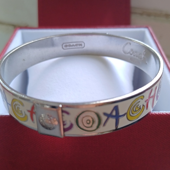 Coach vintage stamped fun multicolor enamel silver thick bangle bracelet & box - Picture 15 of 15